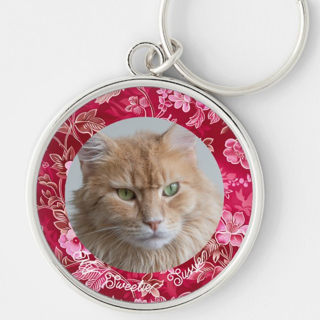 Cute Anpassningsbar Animal Hund Cat Lover Photo Ke Rund Silverfärgad Nyckelring (Framsidan)