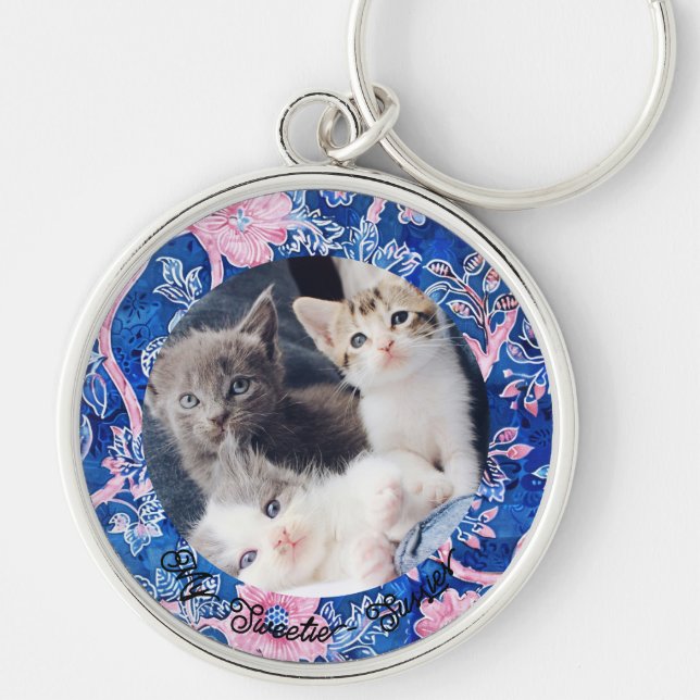 Cute Anpassningsbar Cat Mamma ger fotopatenterkedj Rund Silverfärgad Nyckelring (Framsidan)