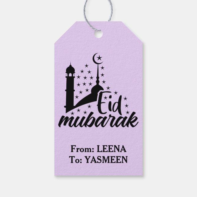 Cute Anpassningsbar Eid Mubarak Cute Lila Eid Gift Presentetikett (Baksidan)