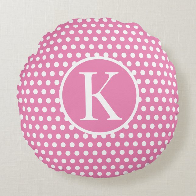 Cute Anpassningsbar initial brev Polka Dot Rosa Rund Kudde (Framsidan)