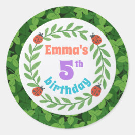 Cute Anpassningsbar Ladybug & Löv 5:e födelsedagen Runt Klistermärke
