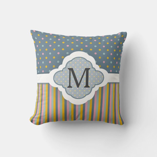 Cute Anpassningsbar Monogram Polka Dot Rand Mönste Kudde (Framsida)