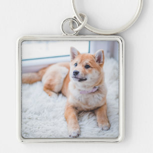 Cute Anpassningsbar Photo Pet Hund Keychain Fyrkantig Silverfärgad Nyckelring