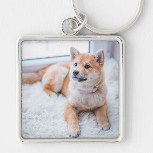 Cute Anpassningsbar Photo Pet Hund Keychain Fyrkantig Silverfärgad Nyckelring