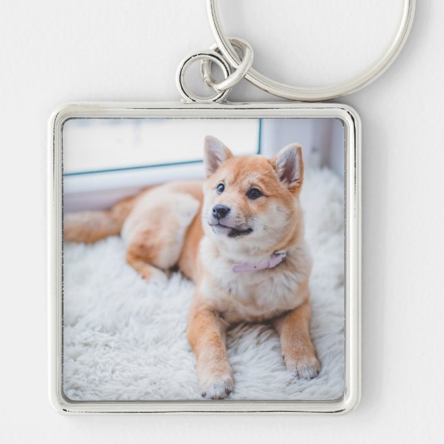 Cute Anpassningsbar Photo Pet Hund Keychain Fyrkantig Silverfärgad Nyckelring (Framsidan)