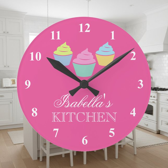 Cute anpassningsbar-rosa-köksmur rund klocka (pink cupcake clock)