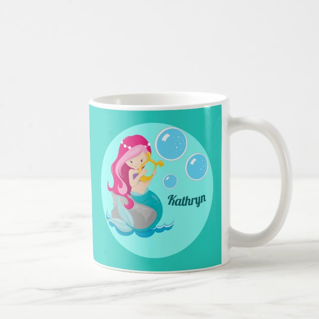 Cute Anpassningsbar Sjöjungfru Girl Teal Kaffemugg (Höger)