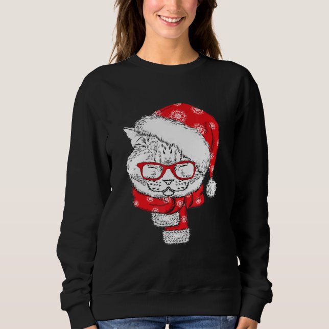 Cute Ansikte Cat Sunglasses Santa Hat Funny jul T Shirt (Framsida)