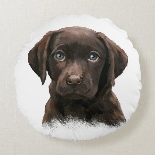 Cute ansikte of Chocolate Labrador Hund Rund Kudde (Framsidan)