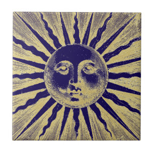 Cute Antique Vintage Guld Blue Sol Ansikte Kakelplatta