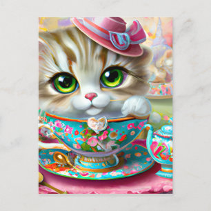 Cute Antropomorphic Kitten vid Tea Party Vykort
