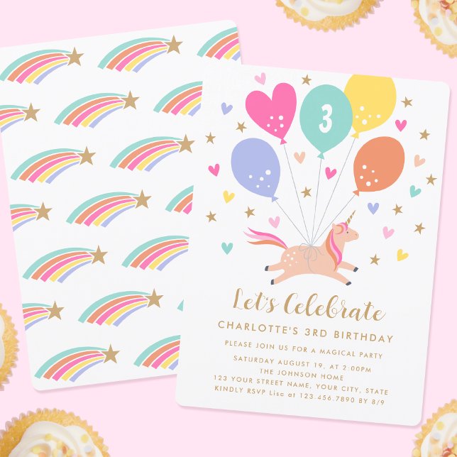 Cute any age Birthday Unicorn Balloon Kids Party Inbjudningar (Skapare uppladdad)