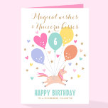 Cute any age Grattis på födelsedagen Unicorn Kids  Kort<br><div class="desc">Skicka lite magisk önskemål på en speciell födelsedag med det här hälsning-kortet för söt personlig. En enkel illustration av en liten enhörning omgiven av ballonger, hjärtan och stjärnor. Den har födelsedag och trendiget skript med ord "Magic önskemål & Unicorn kisses". Inuti kortet finns en färglös regnbåge ovanför mottagarens namn, tillsammans...</div>