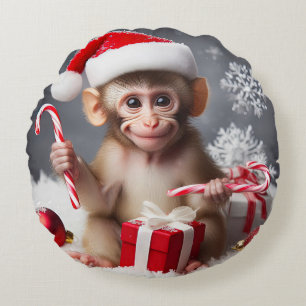 Cute-apa med julhatt rund kudde