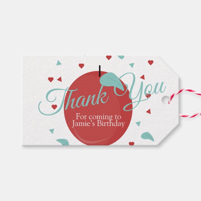 Cute Apple Confetti Birthday Red Teal Presentetikett (Framsidan (Horizontal))