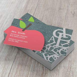 Cute Apple Scripts & Chalkboard School Teacher Visitkort