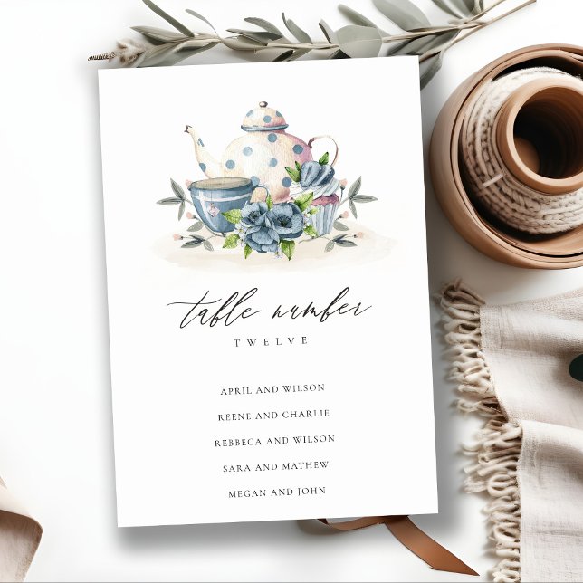 Cute Aqua Blue Blommigt Tekanna Kopp Bröllop, säte Bordsnummer (Skapare uppladdad)