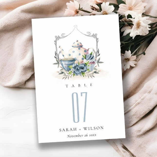 Cute Aqua Blue blommigt Tekanna Kopp Vapensköld Br Bordsnummer (Skapare uppladdad)