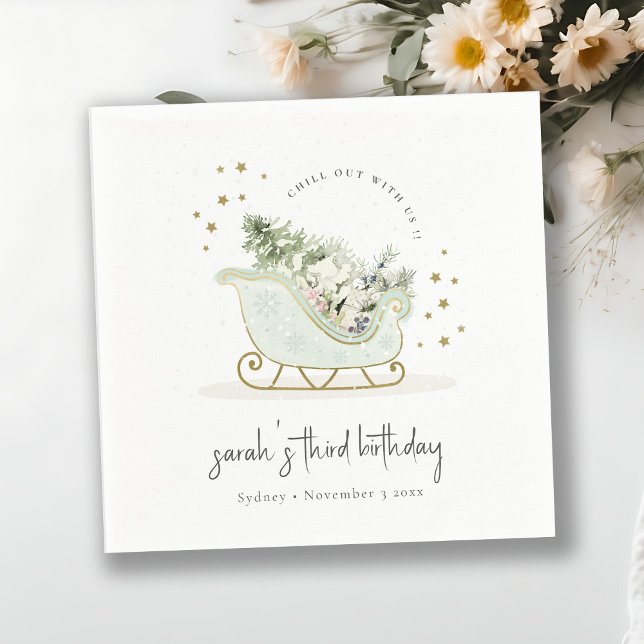 Cute Aqua Blue Guld Winter Sleigh oavsett ålder Pappersservett (Skapare uppladdad)