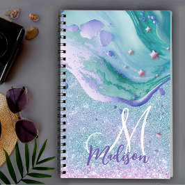 Cute aqua glitter lila marble art monogram anteckningsbok