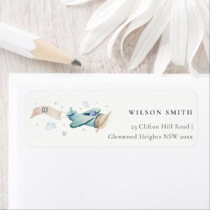 Cute Aqua Grönt Blue Kid Flygplan Cloud Heart Adre Returadress Etikett