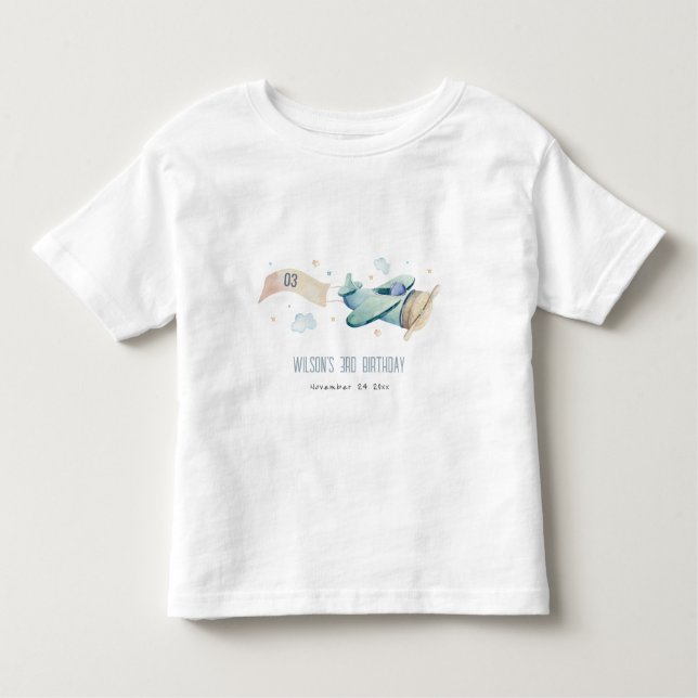 Cute Aqua Grönt Blue Kids Flygplan Clouds Birthday T Shirt (Framsida)