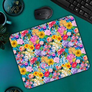 Cute aqua gult elegant Blommönster monogram Musmatta
