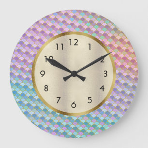 Cute Aqua Lila Rosa Blue Sjöjungfru Scale Stor Klocka