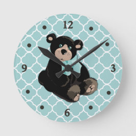 Cute Aqua och Brown Nalle Clock Rund Klocka