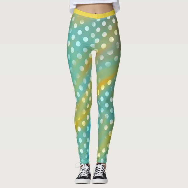 Cute Aqua och Gult Leggings med vita prickar (Framsida)