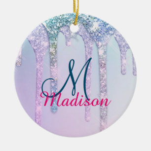 Cute Aqua Turcos Unicorn Glitter Drives monogram Julgransprydnad Keramik
