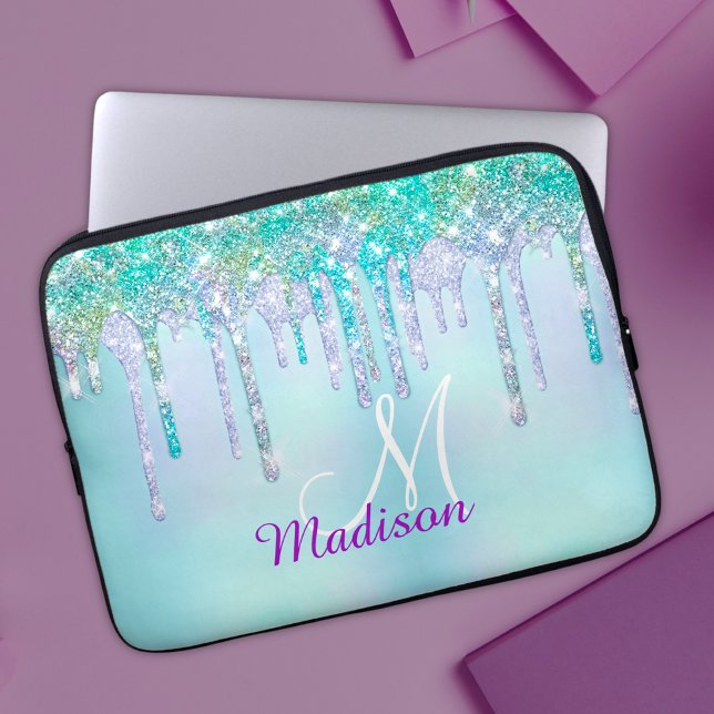 Cute Aqua Turcos Unicorn Glitter Drives monogram Laptop Fodral (Skapare uppladdad)
