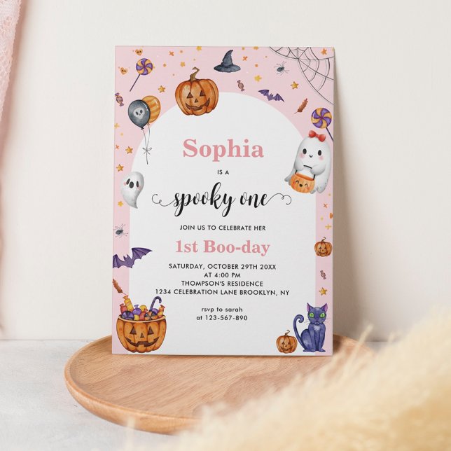 Cute Arch Rosa Spooky 1:a Halloween-födelsedagen Inbjudningar (Skapare uppladdad)