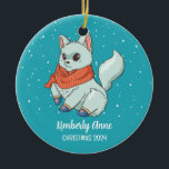 Cute Arctic Fox Christmas Snowy Winter Holiday Julgransprydnad Keramik<br><div class="desc">Cute cartoon animal ornament for kids and children. Perfect for first Christmas celebration with family. You can customize the text for any occasion.</div>