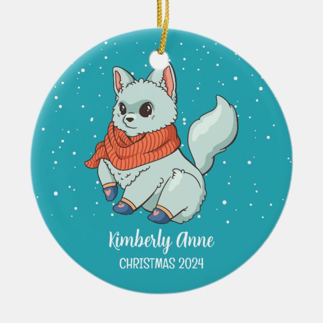 Cute Arctic Fox Christmas Snowy Winter Holiday Julgransprydnad Keramik (Framsidan)