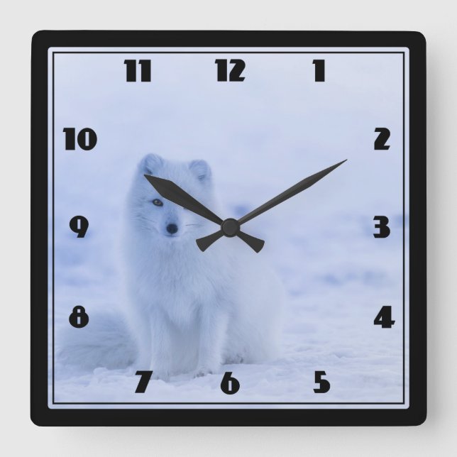 Cute Arctic Fox on Snowy Winter Background Fyrkantig Klocka (Framsida)