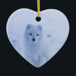 Cute Arctic Fox on Snowy Winter Background Julgransprydnad Keramik<br><div class="desc">Ornament med ett foto av en vit arktisk räv. Ett vintersnöslandskap omger denna vackra varelse.</div>