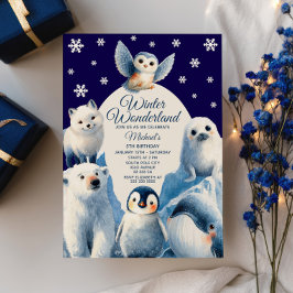 Cute Arktiska djur, blå vinter Barns födelsedag Inbjudningar