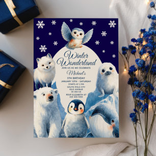 Cute Arktiska djur, blå vinter Barns födelsedag Inbjudningar