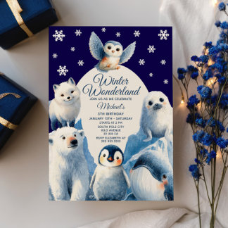 Cute Arktiska djur, blå vinter Barns födelsedag Inbjudningar