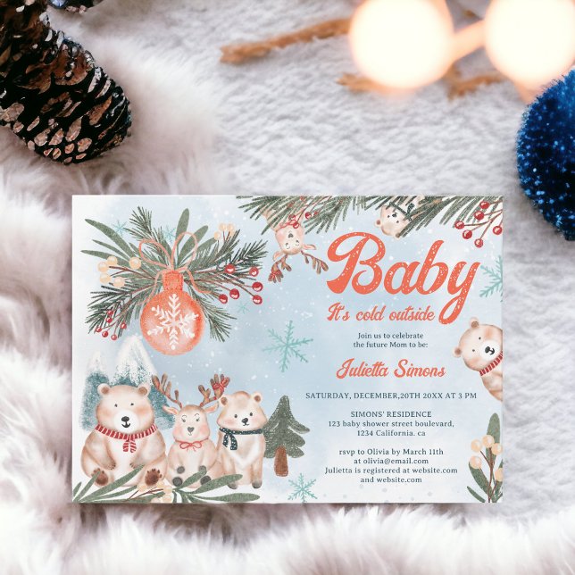 Cute Arktiska djur Vinterjulldusch för bebisbarn Inbjudningar (Cute Arctic Animals Winter Christmas baby shower Invitation)