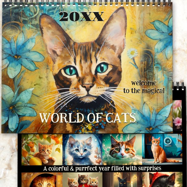 Cute Art Magic Cat World Kalender (An artistic calendar with colorful whimsical fantasy illustrations of cats in different styles. )