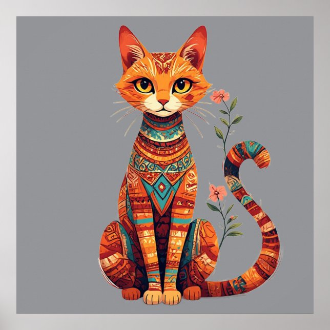 Cute Artistic Cat with Floral Branch Poster (Framsidan)