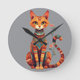 Cute Artistic Cat with Floral Branch Rund Klocka