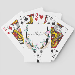 Cute Artsy Rosa Blommigt Hjort Animalieillustratio Casinokort