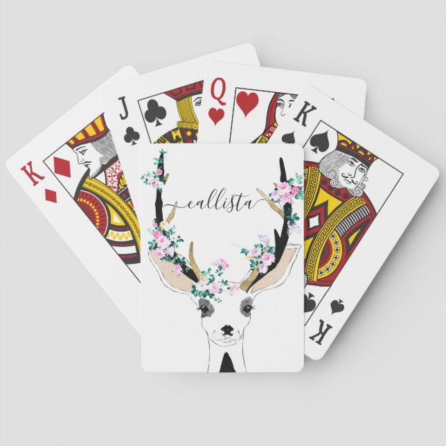 Cute Artsy Rosa Blommigt Hjort Animalieillustratio Casinokort (Baksidan)
