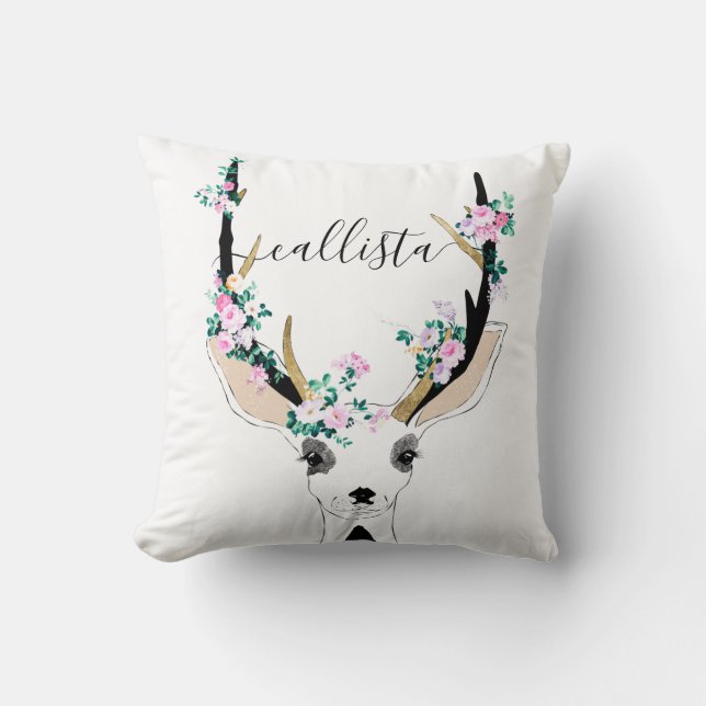 Cute Artsy Rosa Blommigt Hjort Animalieillustratio Kudde (Framsida)