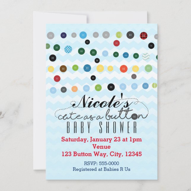 CUTE AS A BUTTON Baby Shower Birthday-inbjudningar Inbjudningar (Framsida)