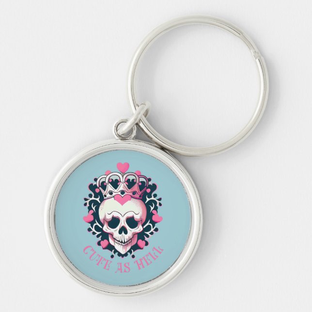 Cute as Fan Schädel mit Krone Rund Silverfärgad Nyckelring (Framsidan)