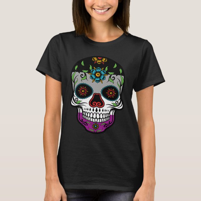 Cute asexual proud flag sugar skull t shirt (Framsida)